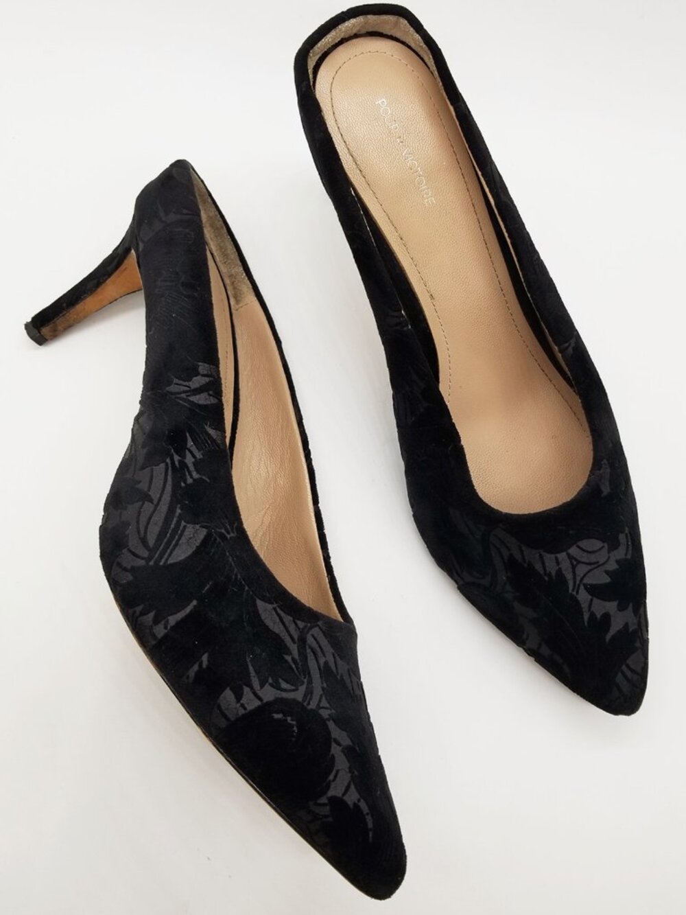 Pour La Victoire Daria Black Velvet Floral Pointy Toe Mule Kitten Heels Size 10